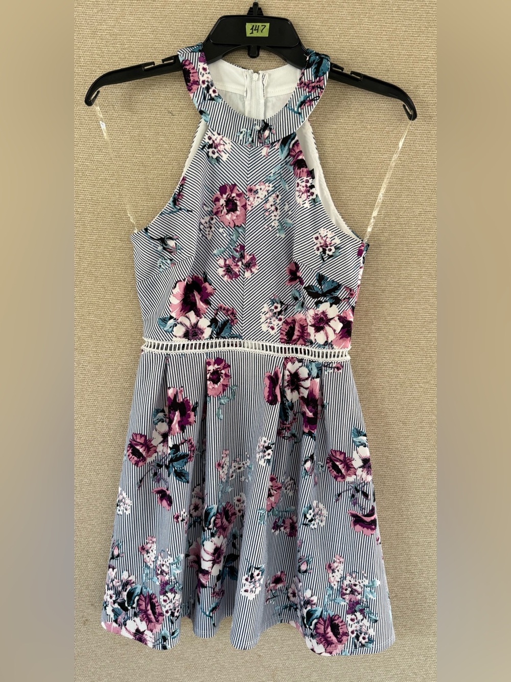 Crystal Doll Blue & White Striped Halter Dress with Pink Floral Accents